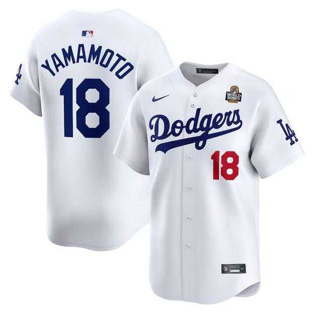 Men%27s Los Angeles Dodgers #18 Yoshinobu Yamamoto White 2024 World Series Home Limited Stitched Baseball Jersey